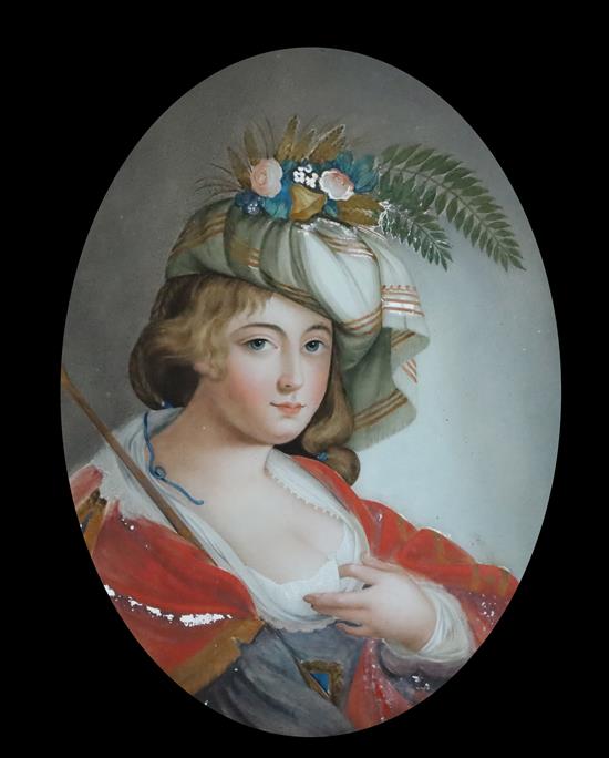 A 19th century English School reverse painted glass panel of a young lady representing Autumn 13.5 x 9.75in.